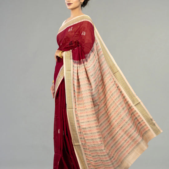 Wine Red & Cream Pure Cotton Bomkai Saree - Border and weave close-up