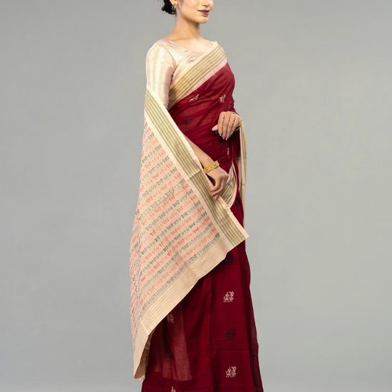 Wine Red & Cream Pure Cotton Bomkai Saree - Pallu and anchal detail