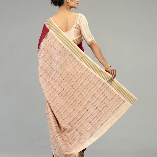 Wine Red & Cream Pure Cotton Bomkai Saree - Body motifs and craftsmanship