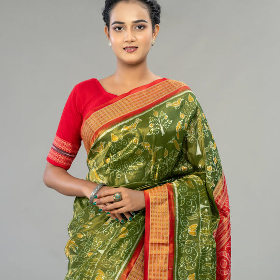 Olive Green & Vivid Red Full Tissue Silk Saree - Fabric texture and drape