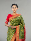 Olive Green & Vivid Red Full Tissue Silk Saree - Fabric texture and drape