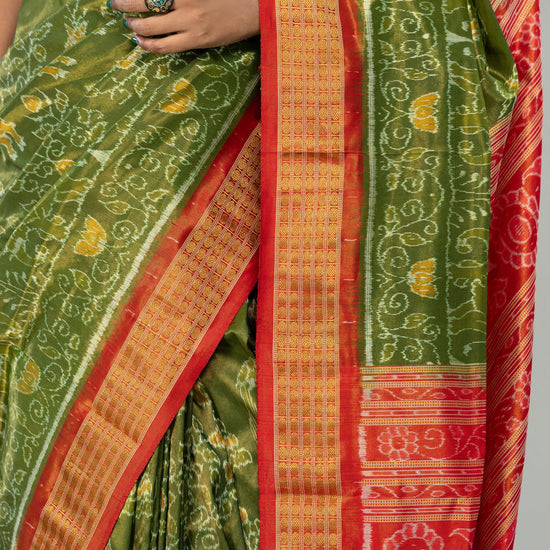 Olive Green & Vivid Red Full Tissue Silk Saree - Handloom detail shot