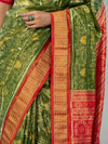 Olive Green & Vivid Red Full Tissue Silk Saree - Handloom detail shot