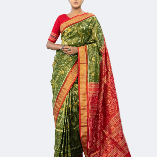 Olive Green & Vivid Red Full Tissue Silk Saree - Full drape view
