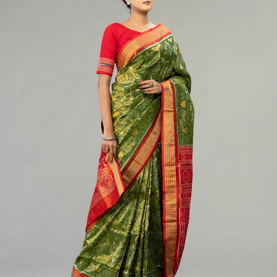 Olive Green & Vivid Red Full Tissue Silk Saree - Pallu and anchal detail