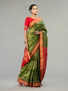 Olive Green & Vivid Red Full Tissue Silk Saree - Pallu and anchal detail
