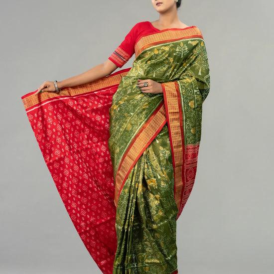 Olive Green & Vivid Red Full Tissue Silk Saree - Border and weave close-up