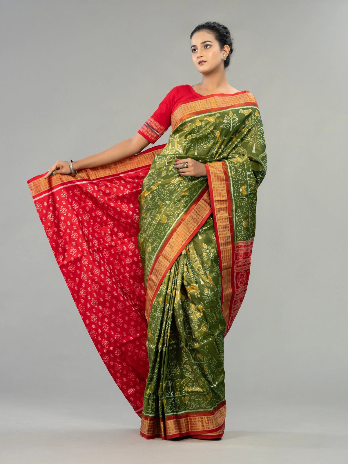 Olive Green & Vivid Red Full Tissue Silk Saree - Border and weave close-up