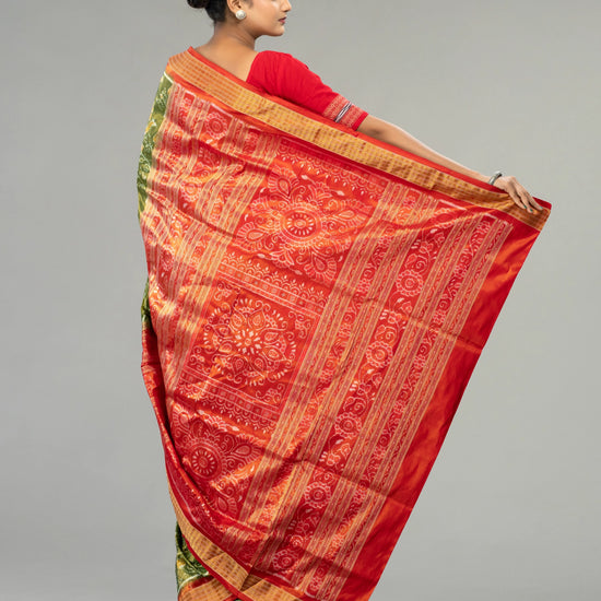 Olive Green & Vivid Red Full Tissue Silk Saree - Body motifs and craftsmanship