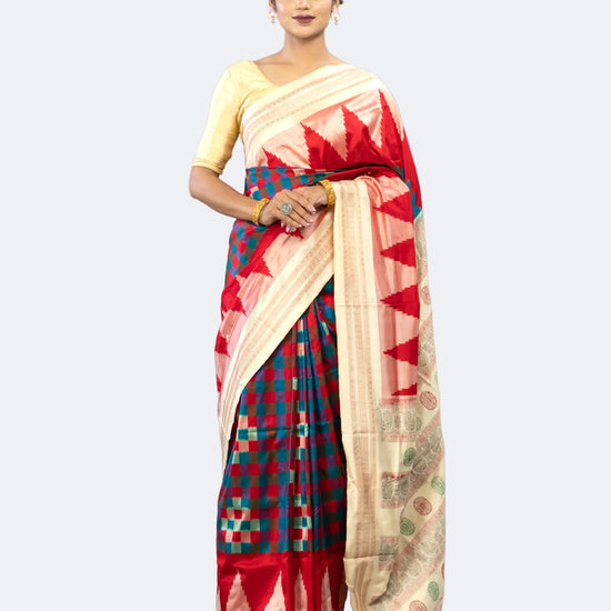 Teal, Red & Ivory Mulberry Silk Double Ikat Saree - Full drape view