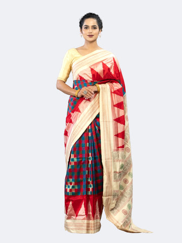 Teal, Red & Ivory Mulberry Silk Double Ikat Saree - Full drape view