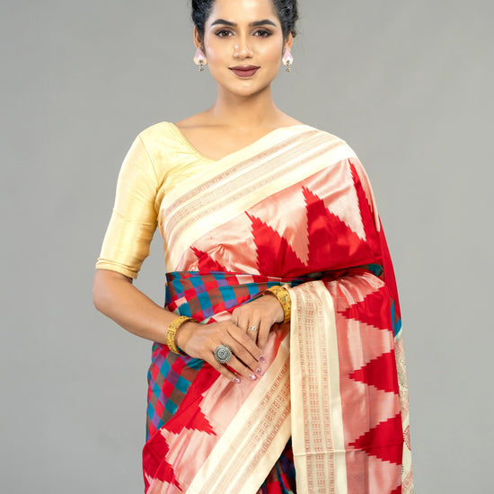 Teal, Red & Ivory Mulberry Silk Double Ikat Saree - Fabric texture and drape