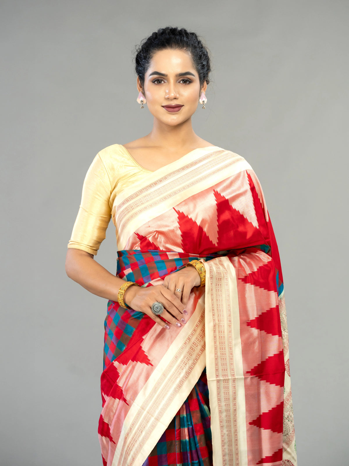 Teal, Red & Ivory Mulberry Silk Double Ikat Saree - Fabric texture and drape