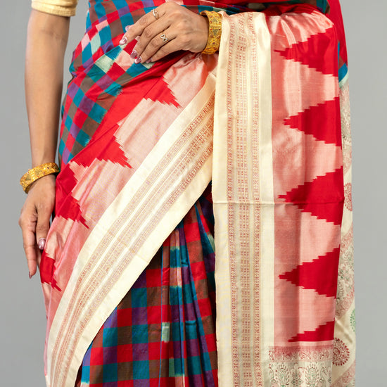 Teal, Red & Ivory Mulberry Silk Double Ikat Saree - Handloom detail shot