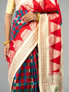 Teal, Red & Ivory Mulberry Silk Double Ikat Saree - Handloom detail shot
