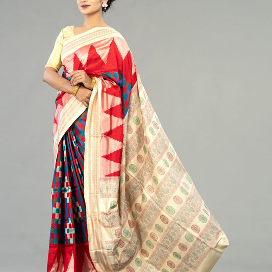 Teal, Red & Ivory Mulberry Silk Double Ikat Saree - Body motifs and craftsmanship
