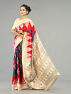 Teal, Red & Ivory Mulberry Silk Double Ikat Saree - Body motifs and craftsmanship