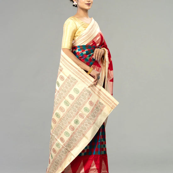 Teal, Red & Ivory Mulberry Silk Double Ikat Saree - Border and weave close-up