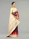 Teal, Red & Ivory Mulberry Silk Double Ikat Saree - Border and weave close-up