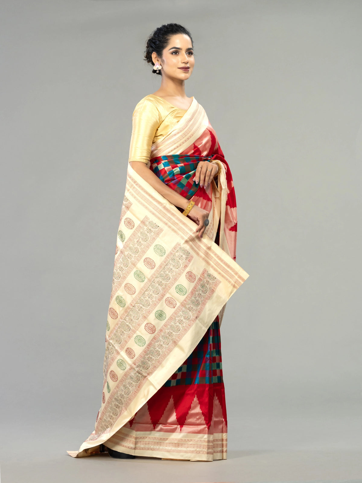 Teal, Red & Ivory Mulberry Silk Double Ikat Saree - Border and weave close-up