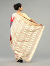 Teal, Red & Ivory Mulberry Silk Double Ikat Saree - Pallu and anchal detail