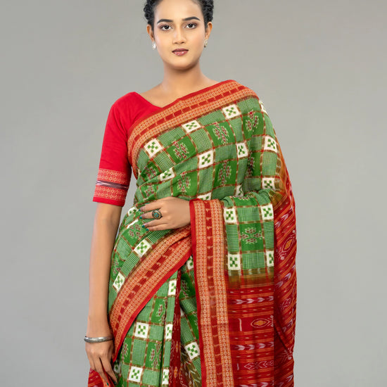 Green & Red Pure Cotton Double Ikat Saree - Fabric texture and drape