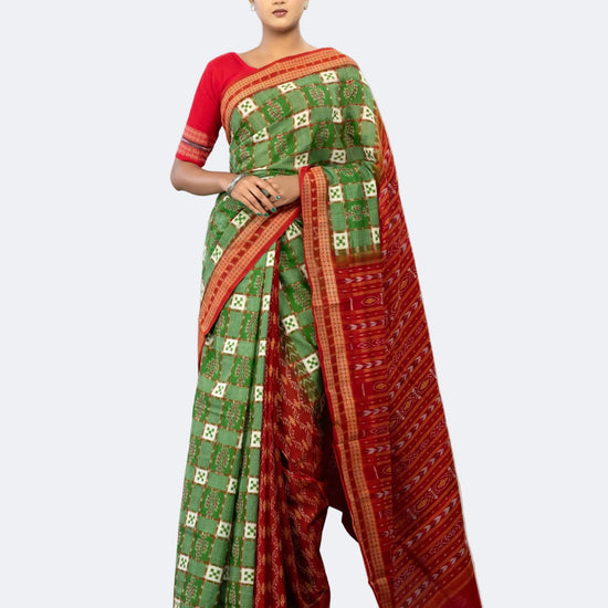 Green & Red Pure Cotton Double Ikat Saree - Full drape view