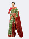 Green & Red Pure Cotton Double Ikat Saree - Full drape view