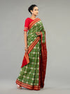 Green & Red Pure Cotton Double Ikat Saree - Border and weave close-up
