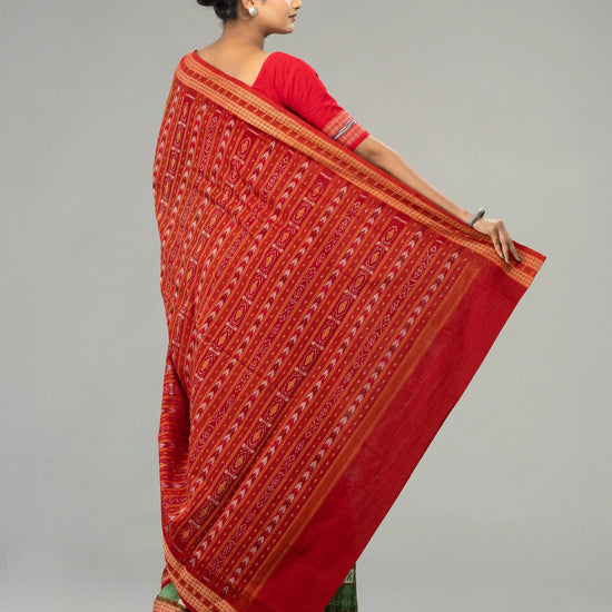 Green & Red Pure Cotton Double Ikat Saree - Body motifs and craftsmanship