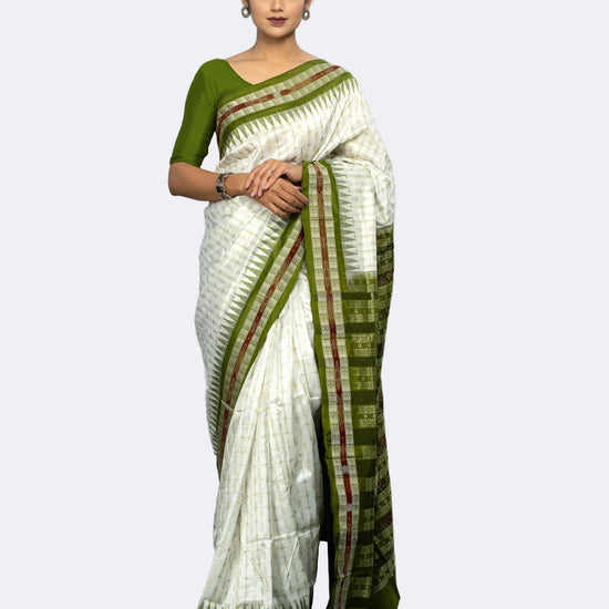 Olive Green & Ivory Mulberry Silk Bomkai Saree - Full drape view