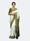 Olive Green & Ivory Mulberry Silk Bomkai Saree - Full drape view