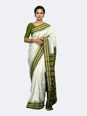 Olive Green & Ivory Mulberry Silk Bomkai Saree - Full drape view