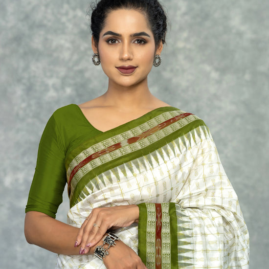 Olive Green & Ivory Mulberry Silk Bomkai Saree - Handloom detail shot
