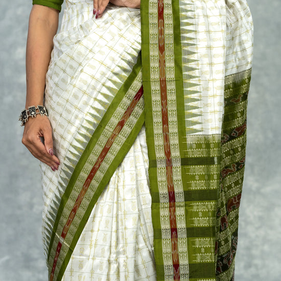 Olive Green & Ivory Mulberry Silk Bomkai Saree - Fabric texture and drape