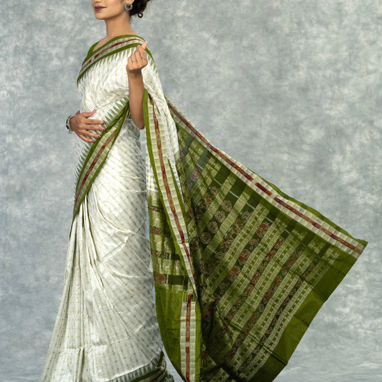 Olive Green & Ivory Mulberry Silk Bomkai Saree - Border and weave close-up