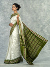 Olive Green & Ivory Mulberry Silk Bomkai Saree - Border and weave close-up