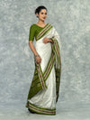 Olive Green & Ivory Mulberry Silk Bomkai Saree - Pallu and anchal detail