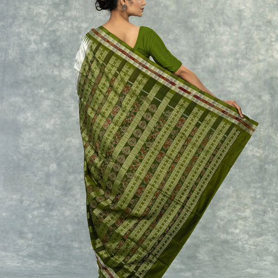 Olive Green & Ivory Mulberry Silk Bomkai Saree - Body motifs and craftsmanship