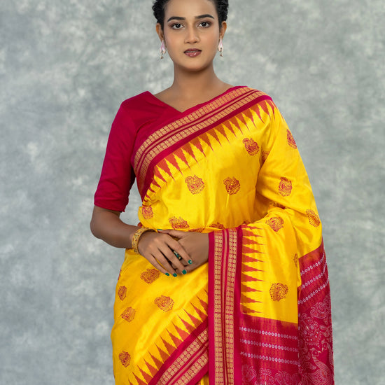 Luxury Yellow & Pink Pure Mulberry Silk Bomkai Saree - Body motifs and craftsmanship