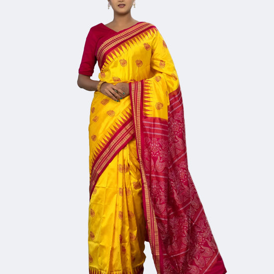 Luxury Yellow & Pink Pure Mulberry Silk Bomkai Saree - Fabric texture and drape