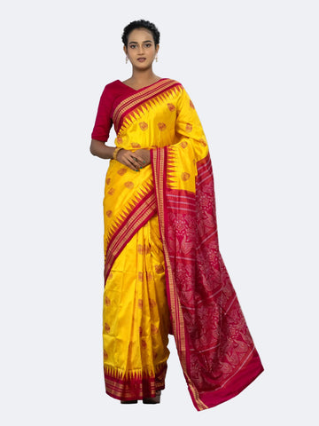 Luxury Yellow & Pink Pure Mulberry Silk Bomkai Saree - Fabric texture and drape