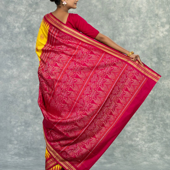 Luxury Yellow & Pink Pure Mulberry Silk Bomkai Saree - Full drape view