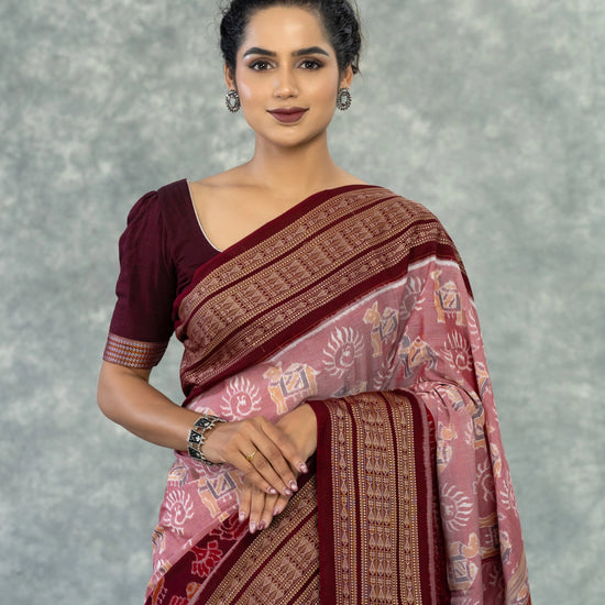 Dusty Rose & Maroon Pure Cotton Single Ikat Saree - Fabric texture and drape