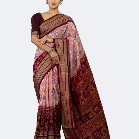 Dusty Rose & Maroon Pure Cotton Single Ikat Saree - Full drape view