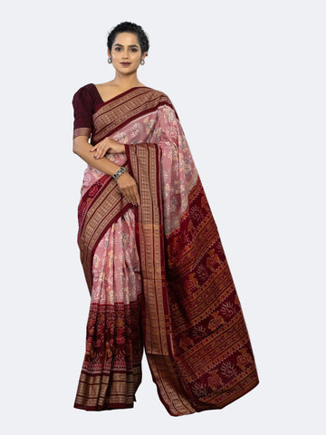 Dusty Rose & Maroon Pure Cotton Single Ikat Saree - Full drape view