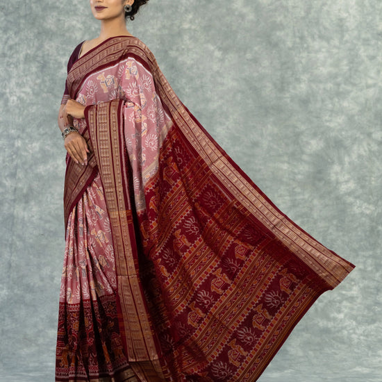 Dusty Rose & Maroon Pure Cotton Single Ikat Saree - Border and weave close-up