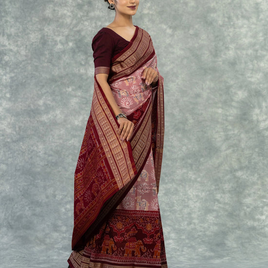 Dusty Rose & Maroon Pure Cotton Single Ikat Saree - Pallu and anchal detail