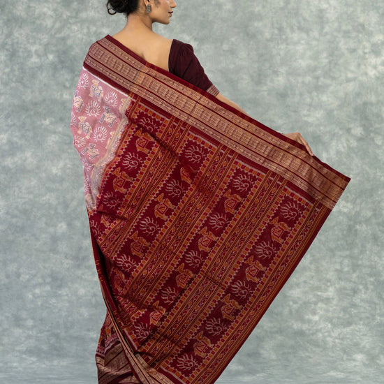 Dusty Rose & Maroon Pure Cotton Single Ikat Saree - Body motifs and craftsmanship