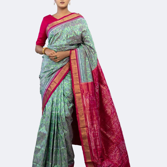 Luxury Green & Mauve Pure Silk Tissue Saree - Full drape view